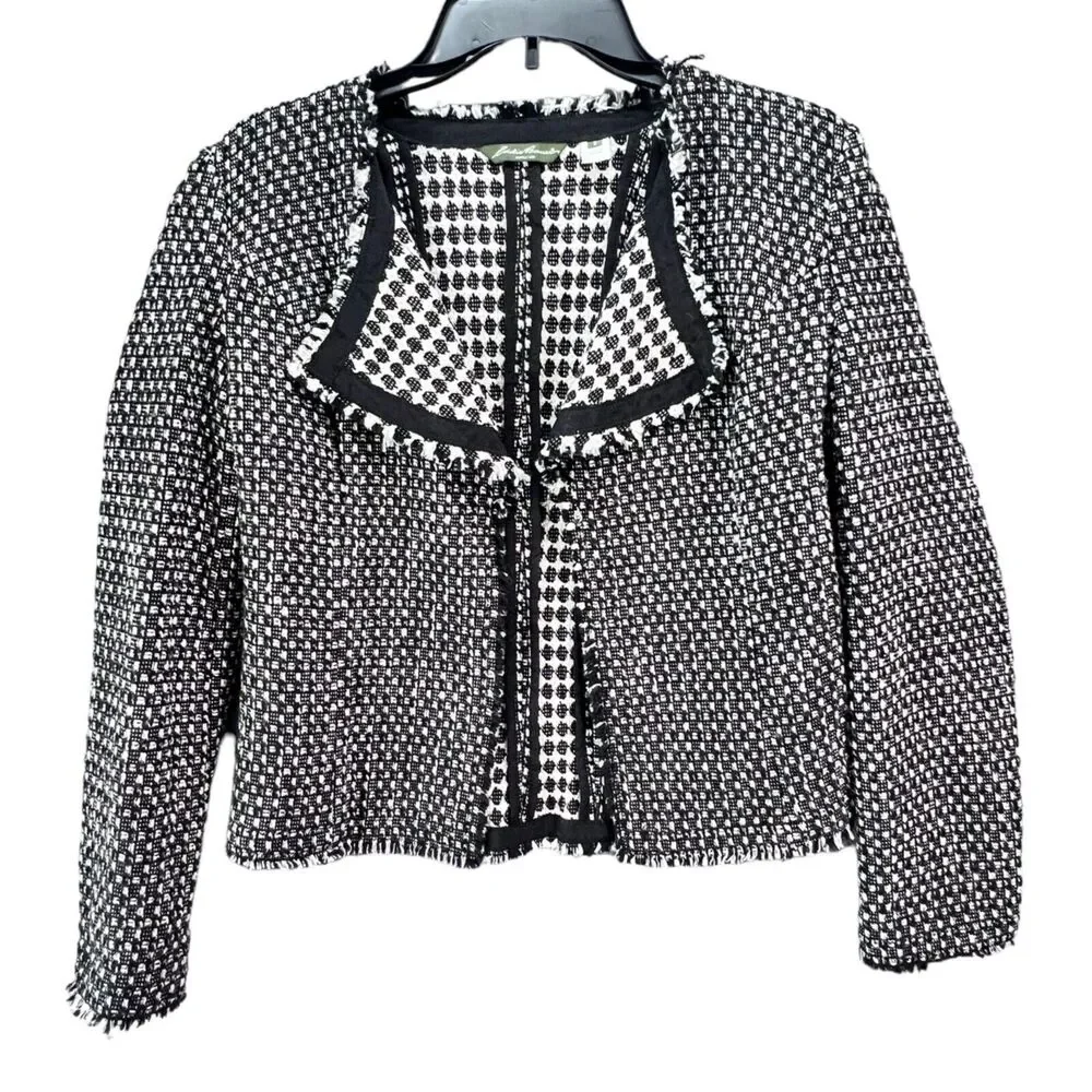 Eddie Bauer Blazer Jacket Womens 2 Black White Geo Wool Blend‎ Tweed Open Front